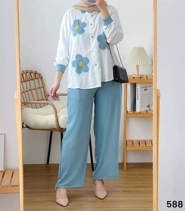 Flower Quarter Sleeved Linen Set