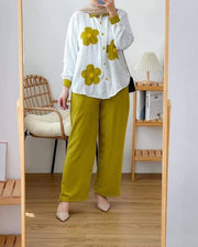 Flower Quarter Sleeved Linen Set